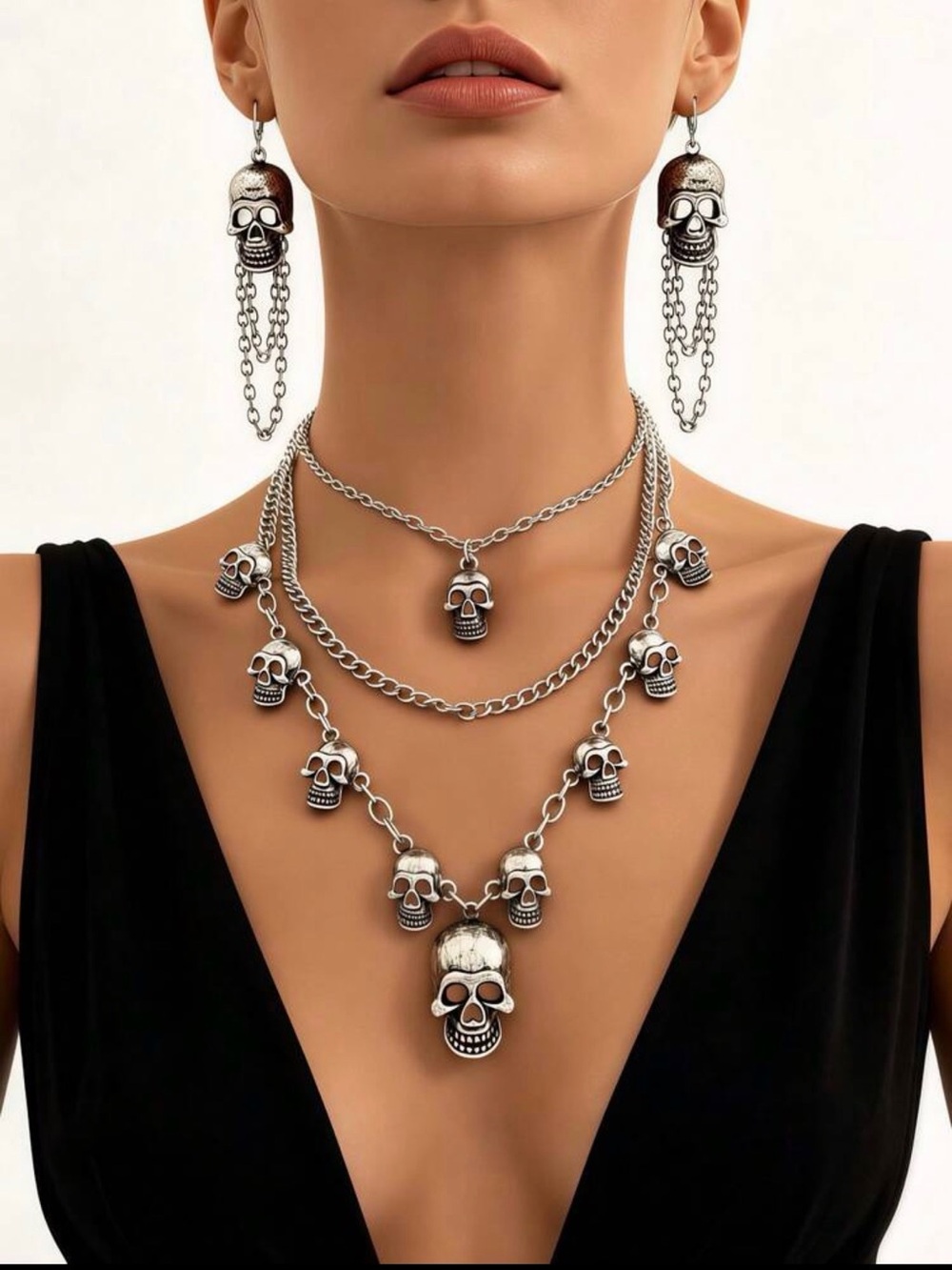 Silver Skull Layered Necklace & Earrings Set - Women Jewelry
